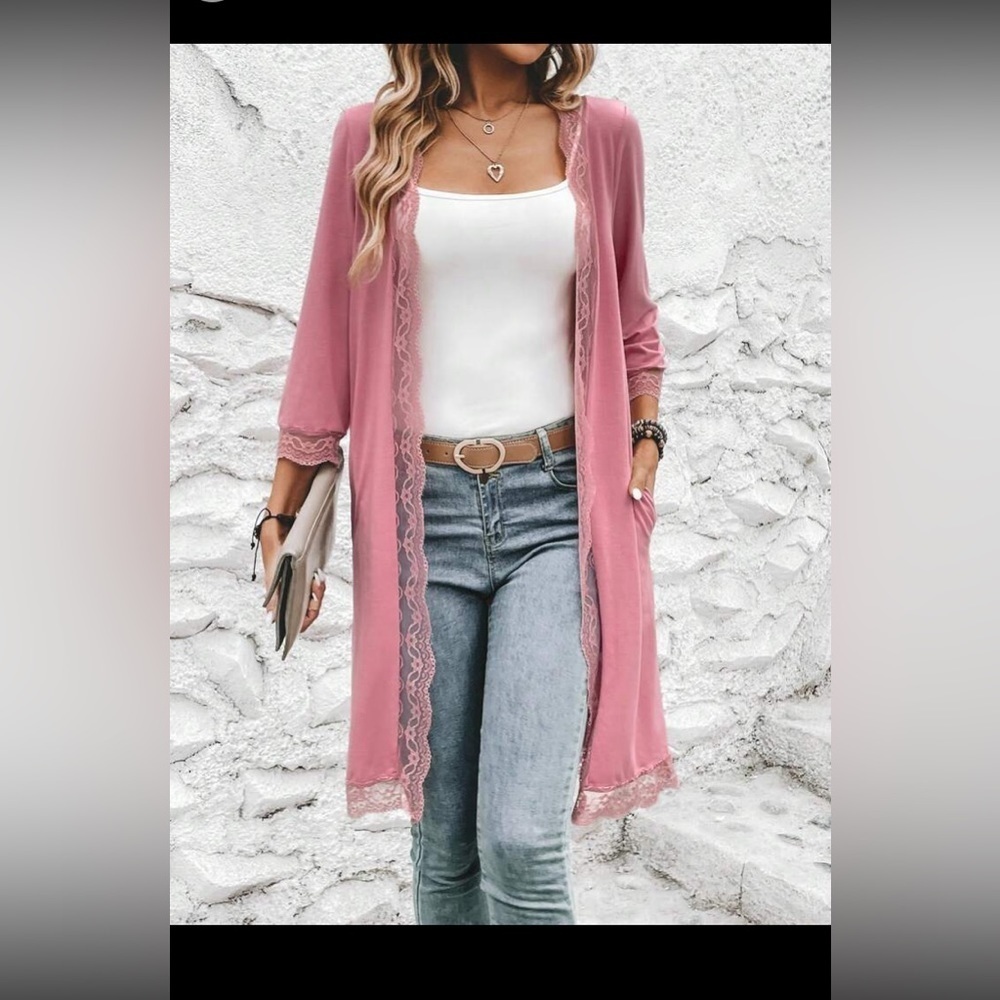 SHEIN LUNE Contrast Lace Open Front Coat size L NWT - Picture 8 of 16
